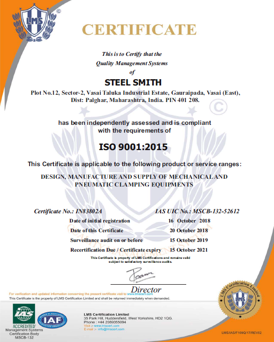 S-Clamps clamps are ISO 9001:2015 certified